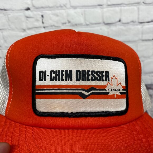 Vintage Trucker Hat Mesh Cap Snapback Orange White DI-CHEM Dresser Canada Patch - Picture 6 of 9